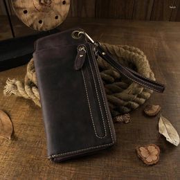 Wallets Men's Retro Crazy Horse Leather Long Wallet Genuine Money Purse Multi-function Card Holder Handmade Coin Pocket Bag