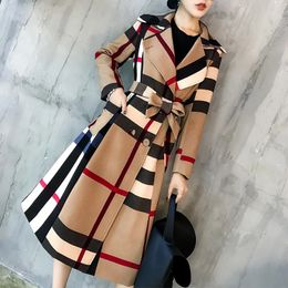 American Womens Autumn And Winter Plaid Lapel Mid Length Colour Matching Retro Trench Coat Long Sleeve Coat Windbreaker 240311