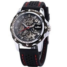 2022 New Winner Black Rubber Band Automatic Mechanical Skeleton Watch For Men Fashion Gear Wrist Watch Reloj Army Hombre Horloge201c