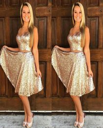 Sexy Rose Gold Sequin Short Prom Dresses V Neck Two Piece Formal Cocktail Party Dresses Cheap Glitter Evening Gowns Knee Length ho7244863