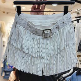 Women's Shorts 2024 Summer Heavy Industry Diamond Tassel Women Fashion High Waist White Dance Wide Leg Pants LX209