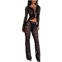 Womens T-Shirt T Shirts Women Lace Pants Sets 2 Piece Outfit Y Hollow Slim Fit Ruffle Long Sleeve Crop Top Flared Suit Streetwear Drop Otmw0