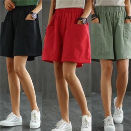 Women's Shorts Women Cotton Linen Summer Sports With Pockets Solid High Waist Drawstring Wide Leg Casual Basic Short Pants