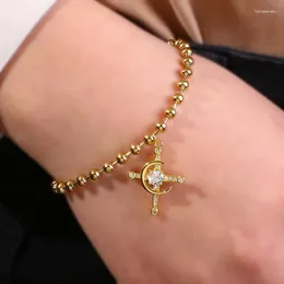 Link Bracelets Fashionable Moon Cross Zircon Beads Titanium Steel Bracelet For Women Birthday Gifts And Christmas