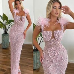 Pearls Pink Mermaid Evening Dresses Spaghetti Neck Feather Beading Plus Size Prom Dress African Formal Party Wear