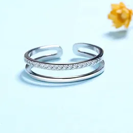 Wedding Rings Korean Vintage Crystal Lines Ring INS Style Design Silver Color Opening Adjustable Finger Accessories