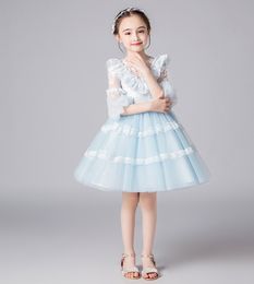 Pretty Sky Blue Tulle Jewel Applique Short Flower Girl Dresses Girl's Pageant Dresses Girls Birthday/Party Skirt Girl Everyday dress Custom SZ 2-12 D321076