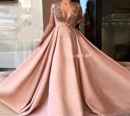 Sexy Pluning V Neck Prom Dresses 2019 Crystal Beaded Party Dress Evening Wear Sweep Train yousef aljasmi1007063