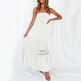 Casual Dresses 2024 Summer Womens Bohemian Strapless Off Shoulder Lace Trim Party Dress Fashion Hollow Out Solid Colour Beach Long