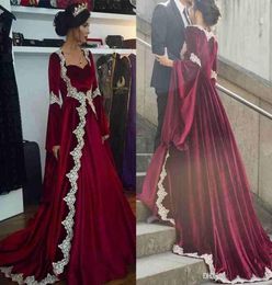 Arabic Dubai Poet Long Sleeves Kaftan Evening Dresses Burgundy Velvet With Gold Appliques Prom Dress Muslim Party Gowns4712376