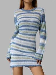 Casual Dresses Women Dress Long Sleeve Round Neck Wrapped Tight Club Prom Birthday Celebrity Party Knit Striped Midi Skin Friendly