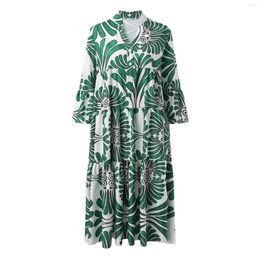 Casual Dresses Womens Loose Flower Printed Dress Elegant V Neck Seven Quarter Sleeve Vintage Boho Holiday Buttons Long