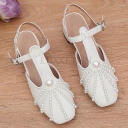 Dress Shoes Square Headed Women High Heels Thick Pearl T-belt Sandals Simple Casual Comfortable Fashionable And Versatile