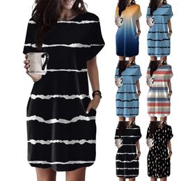 Casual Dresses Summer For Women 2024 Soft T Shirt Dress Short Sleeve Tunic Printed Loose With Pockets