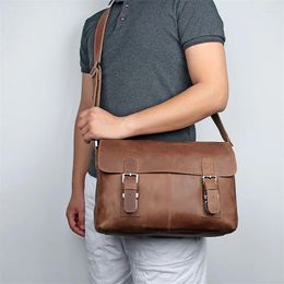 Bag Nesitu Highend Vintage Brown Thick Durable Genuine Crazy Horse Leather Men Messenger Bags Shoulder M6002