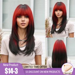 Wigs Ombre Red to Black Synthetic Hair Wigs with Bangs Long Layered Straight Wig Coloured Party Costume Heat Resistant Hair for Women