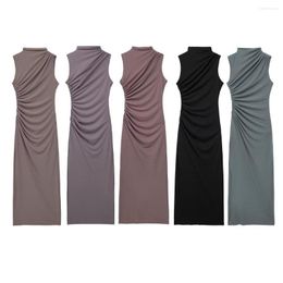 Casual Dresses Fashion Sexy Sleeveless Bodycon Dress Female Elegant Back Zipper Solid Color Chic Folds Slim Midi