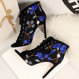 Boots 2023 Women Fetish Stripper Sandals Ankle Boots Gladiator 10.5cm High Heels Lace Up Prom Peep Toe Embroider Summer Blue Shoes