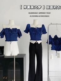 Women's Blouses Vintage Chiffon Women Blue Crop Top Square Collar Spring Summer Elegant Classical Folds Shirts Puff Sleeve Clubwear Y2K