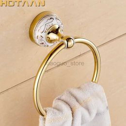 Towel Rings Blue White Porcelain Solid Brass Gold Finished Round Towel Ringceramic base Bathroom Accessories Towel Holder/rack YT-11891G 240321