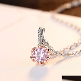 Pendant Necklaces Korea Sweet Style Colorf Gemstone S925 Sier Necklace Fashion Women Shiny Zircon Rose Gold Clavicalis Chain Drop De Dh5Jx