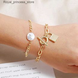 Charm Bracelets Charm s Shiny Gold Color Simulated Pearl Chunky Link Chain Statement Hip Hop For Women Men Bangle Fashion Jewelry Q240321