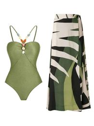 Green Fashion Necklace Embellished Bodysuit Shoulder Strap Long Cover Leaf Print Vacation Casual Seaside Beach Summer 240227