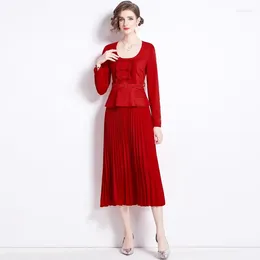 Casual Dresses High Quality Bow Tie Decor Red/Black Long Women Elegant O-Neck Sleeve Waist Pleated Midi Spring