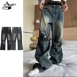 Hiphop Hole Jeans Men Women Vintage Gradient Straight Denim Pants Washed Distressed Belt Trim Trousers Street Baggy Flared Pant 240311