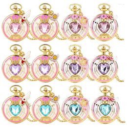 Pocket Watches Heart Shaped Pink/Purple/Blue Stone Gold Quartz Necklace Anime Student Girl Gift Elegant Charm Pendant Clock