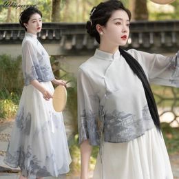 Ethnic Clothing Chinese Style Tang Suit Ink Printing Improved Elements Loose Lady Blouse Women's Set Elegant Traditional Clothes
