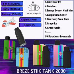 Breze Stiik Tank 2000 Puff Disposable Vape Pen 2% 5% Concentration 2k Puffs 18 Flavors 6ml Preloaded Cartridge 650mAh Rechargeable Electronic Cigarette