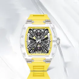 Wristwatches BERRIGET Transparent Automatic Mechanical Movement Man Watch Luxury Tonneau Watches For Men Waterproof Luminous Skeleton