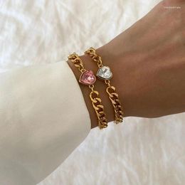 Link Bracelets 18k Gold Plated Heart Double Layers Bracelet Two Colourful Diamonds For Women