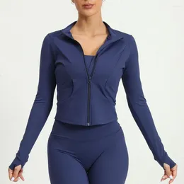 Active Shirts Long Sleeve Gym Top Women Lycra Pilates Tops Yoga Training Wear Zipper Fitness Rashguard 2024 Sports T-shirt Sportswear Blue