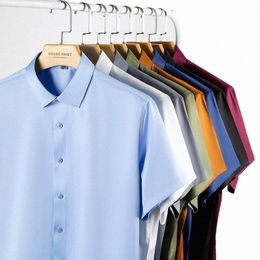 2024 Camisas Comerciais Masculinas De Seda Formal Manga Curta Material De Alta Densidade Sólida Elástica Camisas Masculinas De Negócios Sem Bolso Roupas Esticadas Verão Primavera