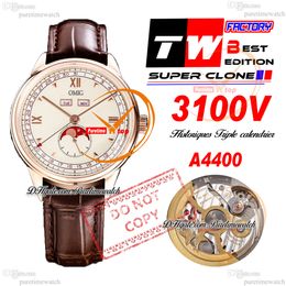 Historiques Triple calendrier 3100V A4400 Automatic Mens Watch TWF 40mm MoonPhase Rose Gold Beige Dial Brown Leather Super Edition Puretime Reloj Hombre PTVC