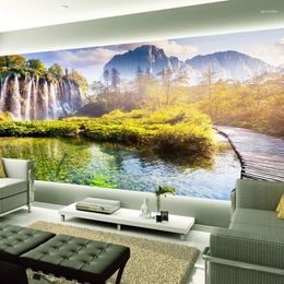 Wallpapers Fresh And Beautiful Waterfall Forest Wood Bridge Backdrop Wall 3D Stereo Mural Wallpaper Living Room Classic Decor Painting