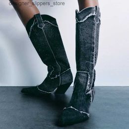 Boots 2024 Spring New ZA Knee Gaobotas Fashion Womens Denim Luxury Designer Rhinestone Western Denim Boots Free Delivery Q240321