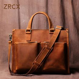ZRCX Vintage Man Handbag Briefcase Men Shoulder Crazy Horse Genuine Leather Bags Brown Business Fashion 16 Inch Laptop Bag 240307