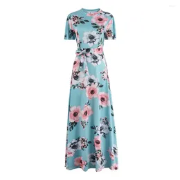 Casual Dresses Women Long Dress Floral Print Maxi With Mock Collar Belted Waist Women's A-line Swing For Summer Spring Ankle Length