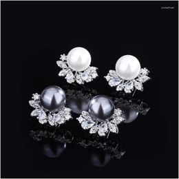 Stud Earrings Eyika Korean Fashion Marquise Zircon Flower 10Mm White Black Pearl Earring For Women Bridal Party Jewelry Drop Delivery Otibe