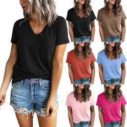 Women's T Shirts Spring And Summer Style Ladies Fashion Pocket V-neck Slit Shoulder Short-sleeved T-shirt Women
