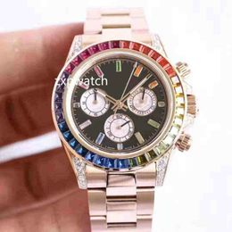 Automatic rose gold rainbow watch full works no chronograph function baguette diamonds bezel men wristwatch 40MM high quality3080