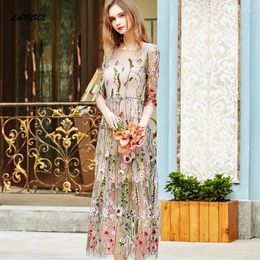 Casual Dresses LANMU Beach Long Skirt Length Style Women Summer Dress Embroidery Party Floral Flower Embroidered 2 Pieces Vintage Vestido