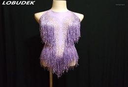 Purple Red Tassels Bodysuit Sparkly s Sexy Backless Bodysuits Bar Women Singer DJ Costume Models Catwalk Stage Outfit Women's Jumpsuits1253797