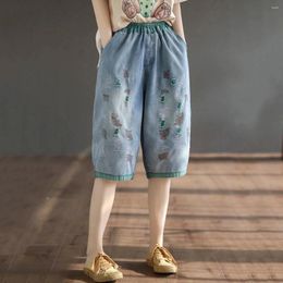 Women's Shorts 2024 Womens Jeans Summer Office Lady Style Washed Hole Bleached Embroidery Loose Female Tide Knee-Length Denim Harem Pants