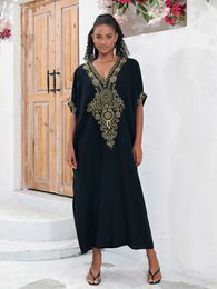 Bohemian Glod Embroidery Printed Loose Kaftan V Neck Slit Dress 2024 Summer Women Casual Robe Beachwear Swimsuit Cover Up Q1581 240320