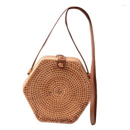 Totes Summer Beach Vintage Handmade Rattan Bag Hexagon Straw Women Casual Round Sling