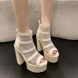 Dress Shoes High Heels Women Sandals Peep Toe Sexy Black Mesh Square Heel Platform 2024 Quality Summer Women's